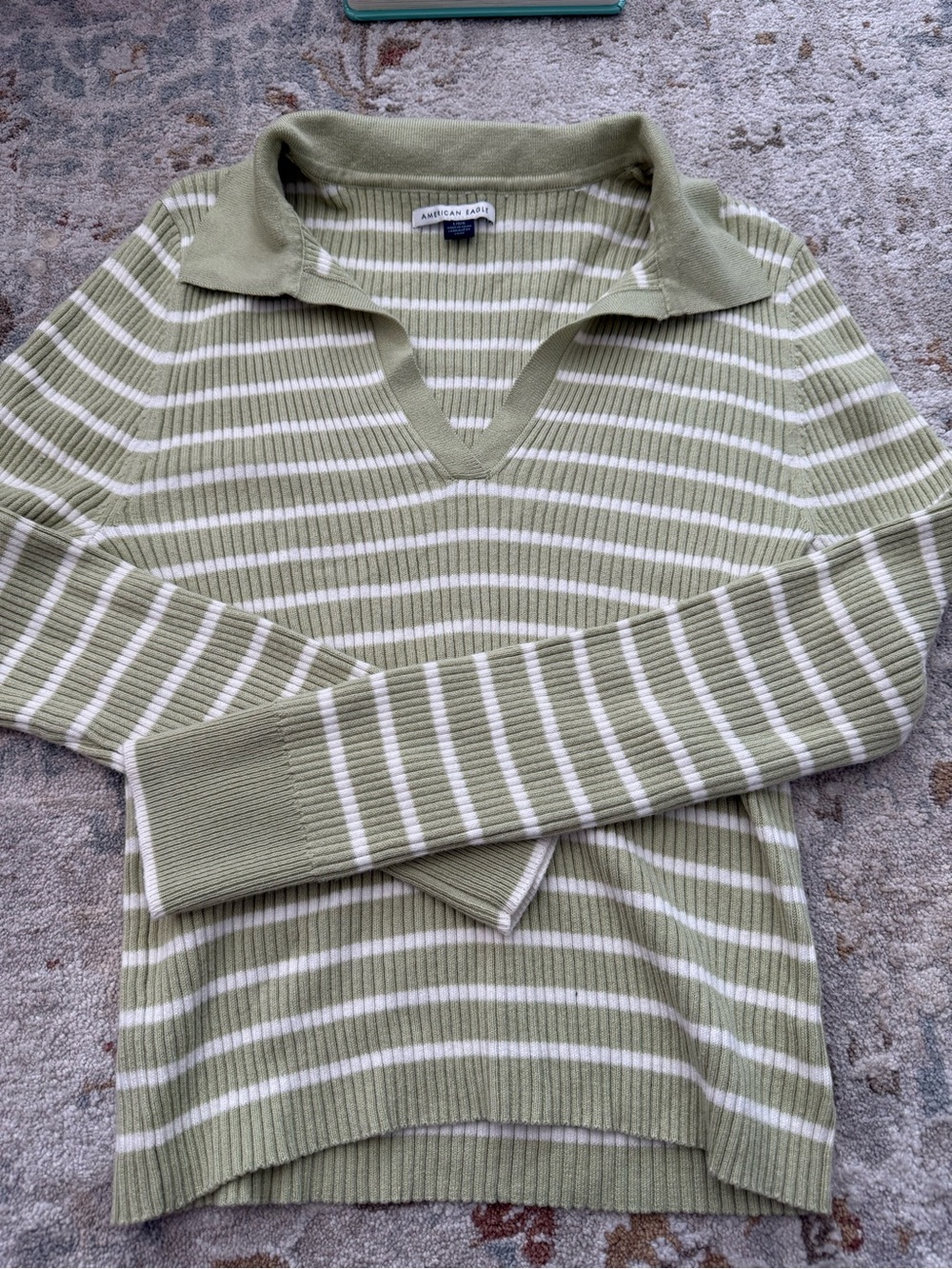 American Eagle Olive & White Striped Ribbed Sweater